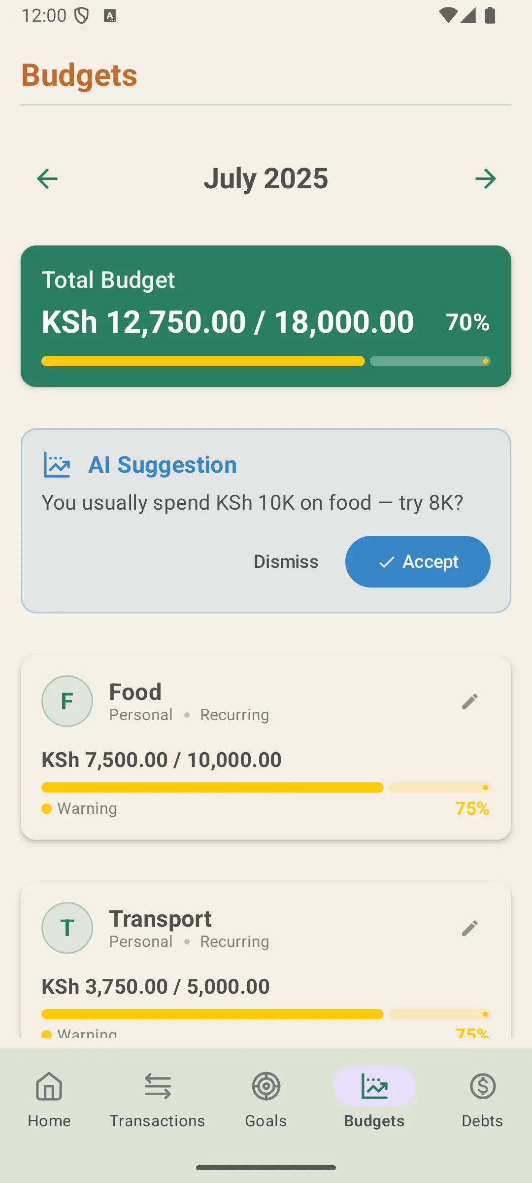 Napesa Budget Planner interface showing expense categories and spending limits