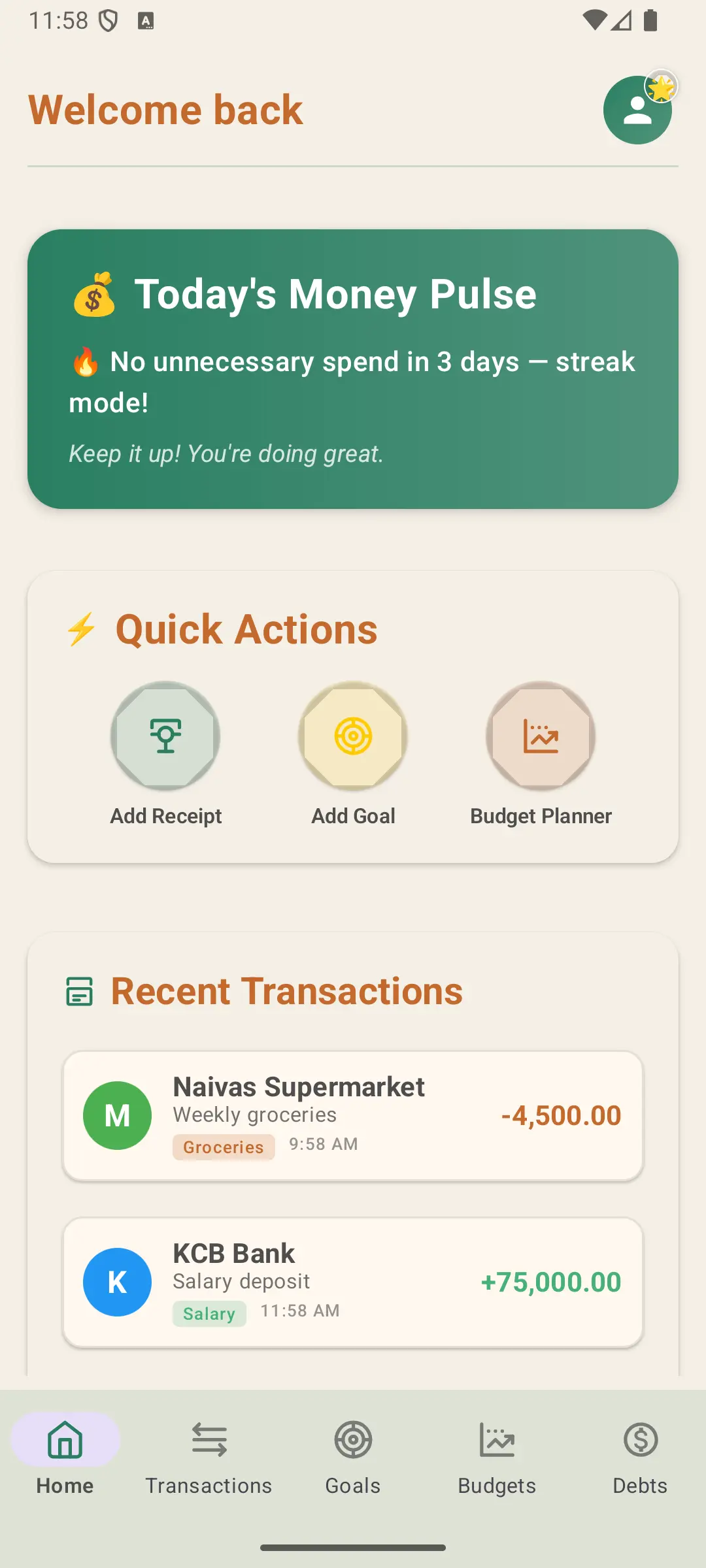 Napesa Home Dashboard showing financial overview with spending categories and balance