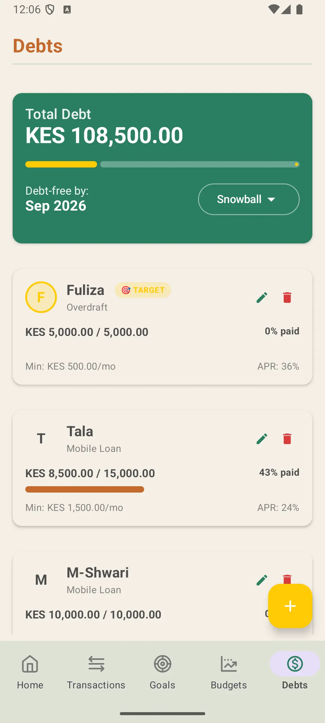 Napesa Debt Manager showing loan balances, interest rates, and repayment strategies