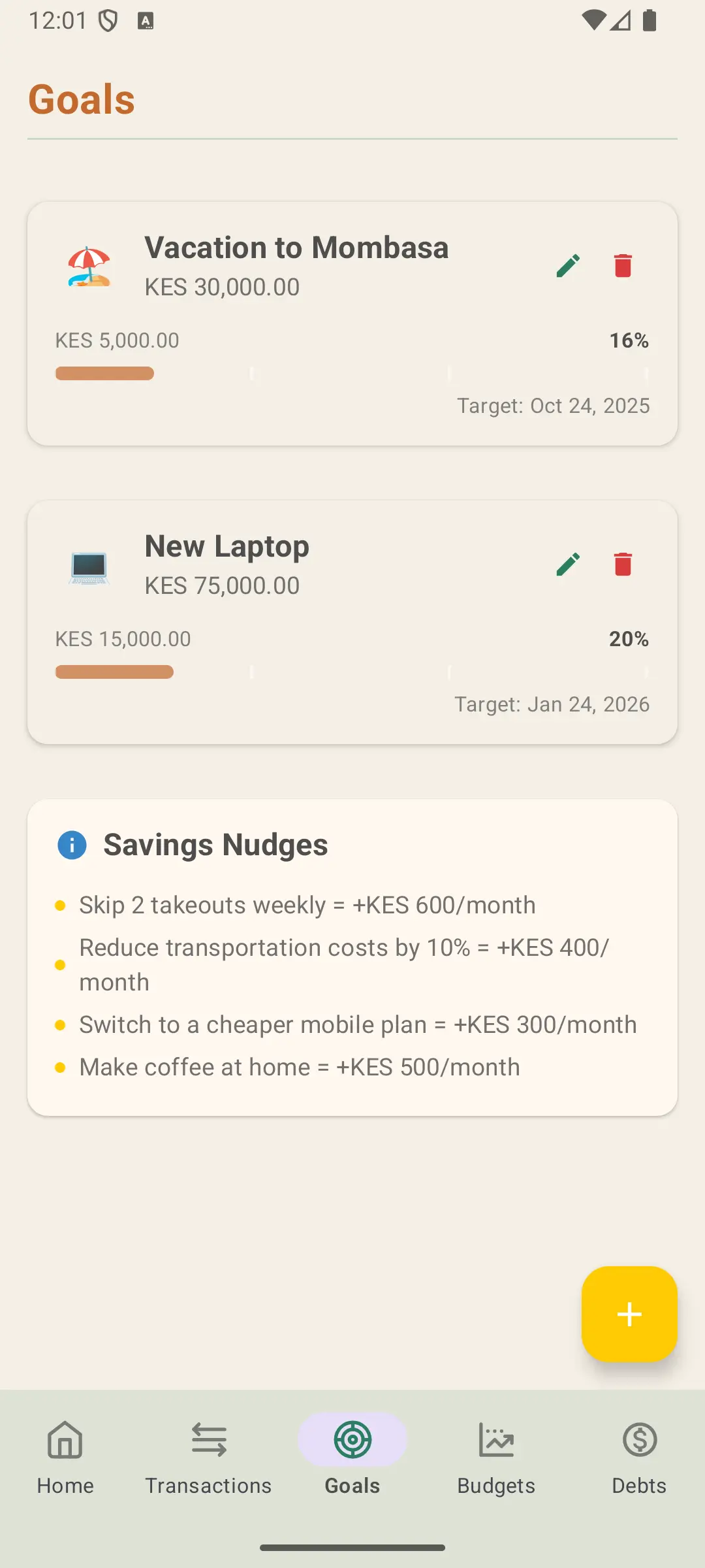 Napesa Goal Tracker showing savings progress with visual indicators and timeline