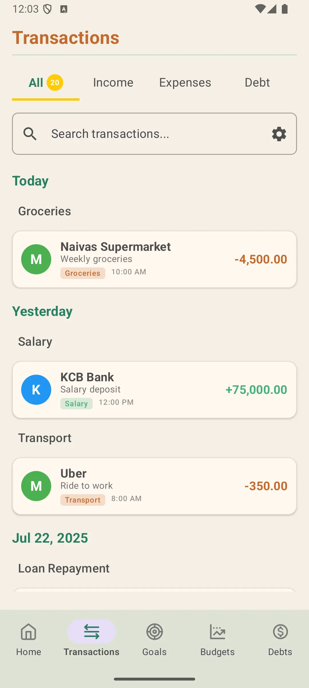 Napesa Transactions Feed showing list of financial transactions with dates and amounts